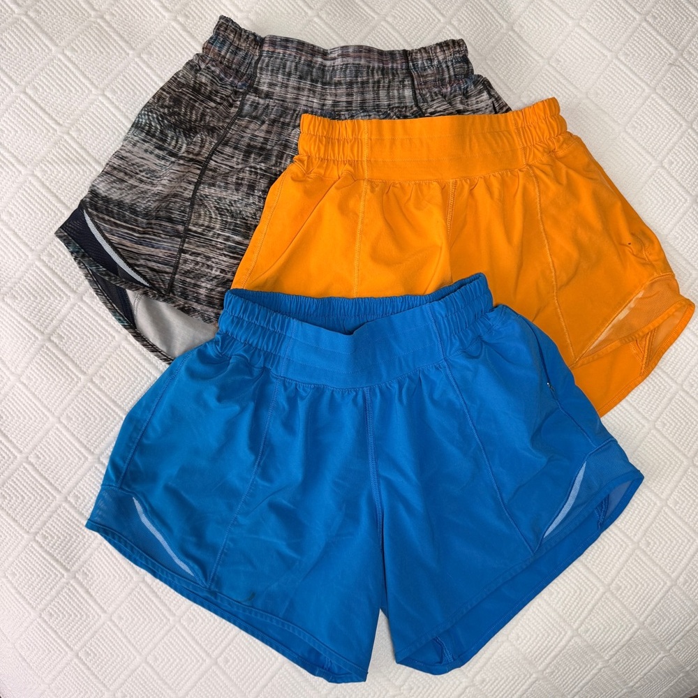 Lululemon Hot Hotty Shorts Size 2, Inseam 4”, Blue Yellow Multi, Lot of 3